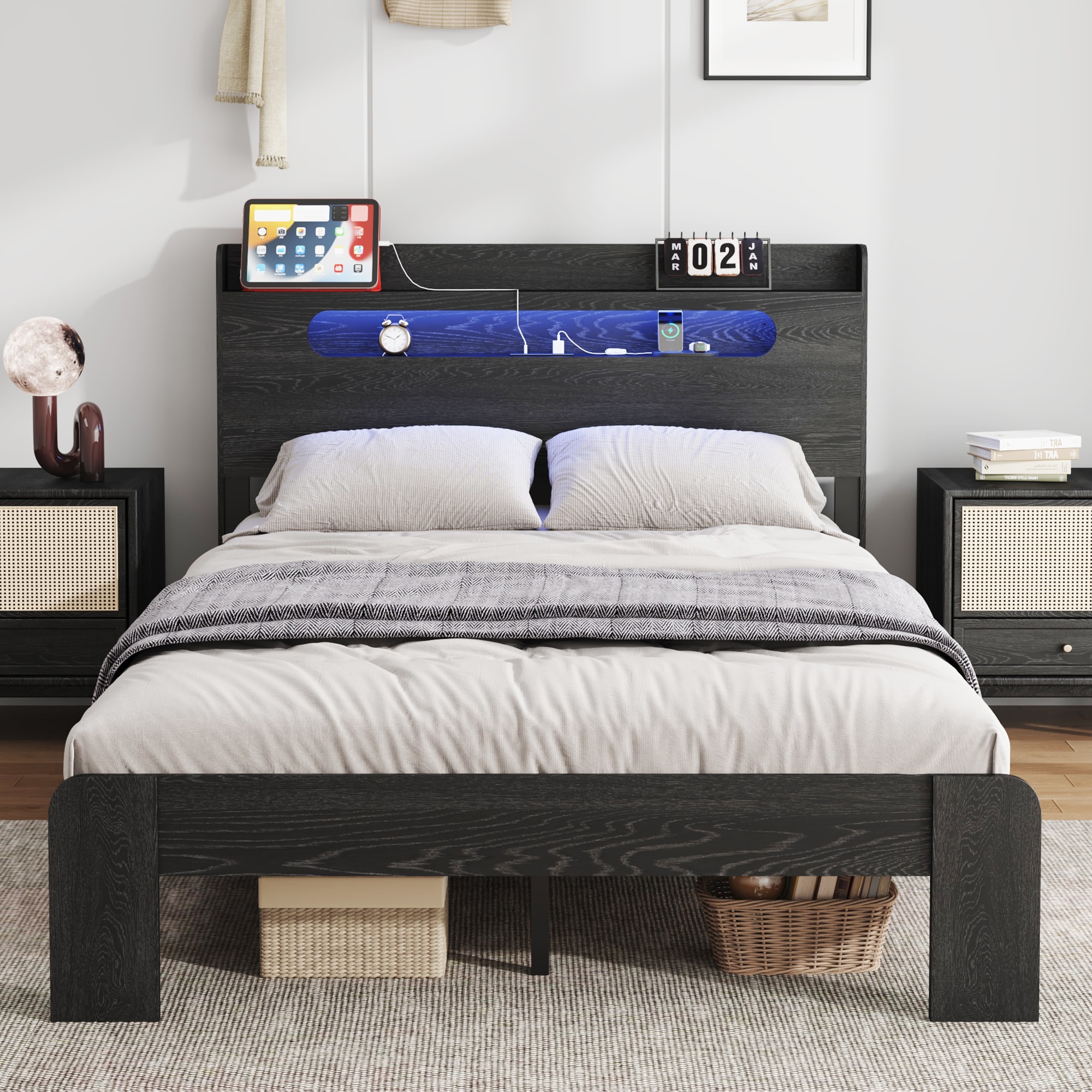 Bed Frame Full Size, Wood Platform Bed Frame With Storage LED Light Headboard And 2 USB , Noise Free,No Box Spring Needed And Easy Assembly Tool,Large Under Bed Storage,Black_voghion.com